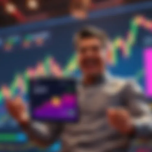 An excited investor smiling and holding a digital tablet showing HBAR token statistics. The background features a vibrant cryptocurrency chart.