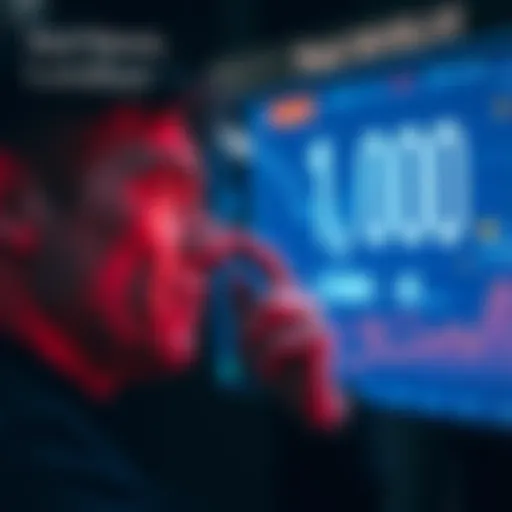 Nervous investor looking at a digital display showing 1 million HBAR, contemplating their high-risk decision.