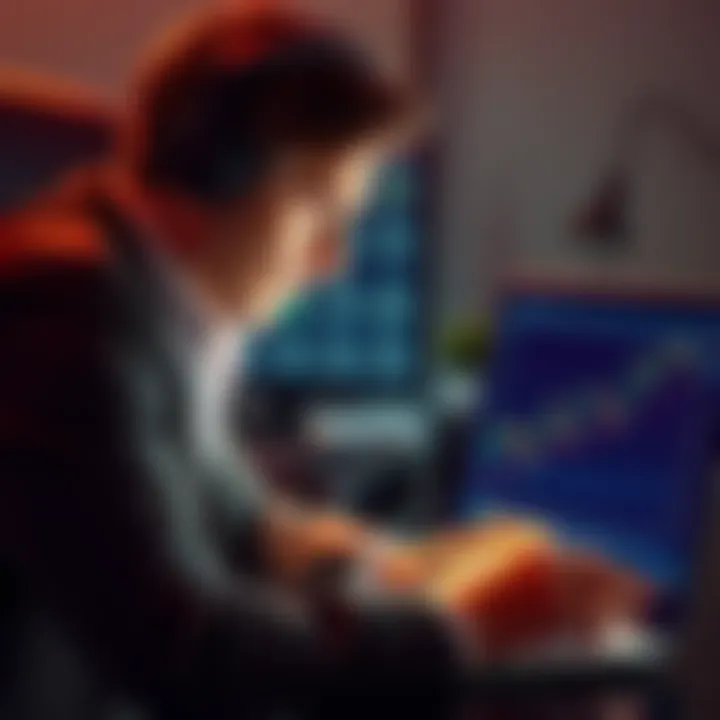 A thoughtful investor looking at a Bitcoin chart on a laptop, reflecting on past cryptocurrency decisions.