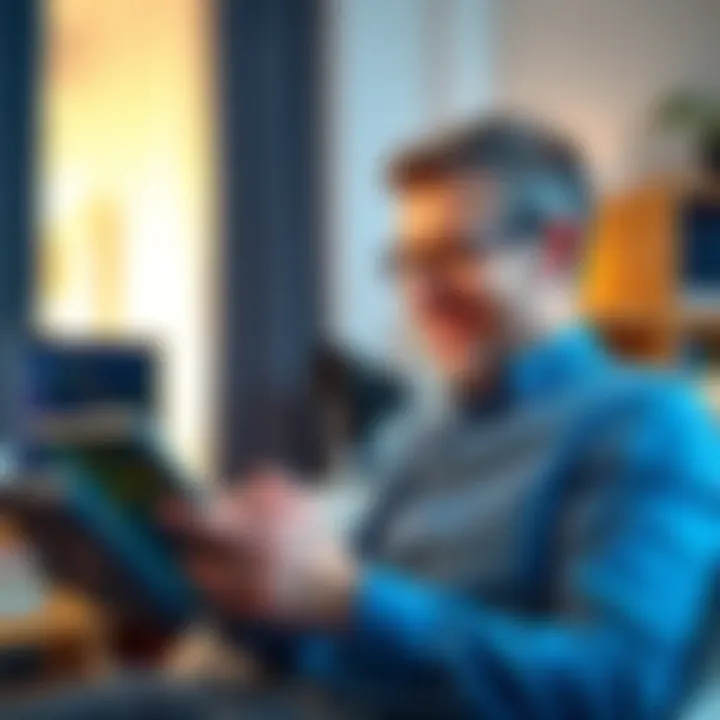 Investor Buying HBR ETF Shares An investor smiling while reviewing HBR ETF shares on a tablet in a home office setting