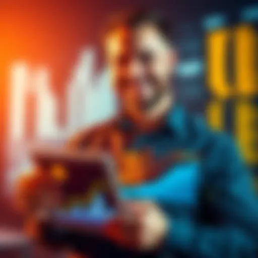 An investor holds a digital tablet displaying the Pi cryptocurrency logo, with a graph showing growth. The investor is smiling, symbolizing confidence in the market.
