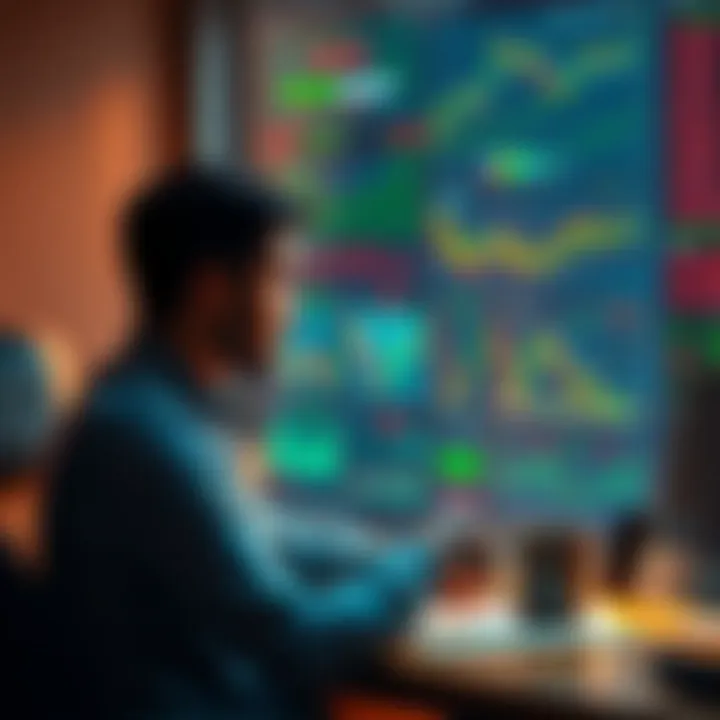 A person sits at a desk looking at financial charts and graphs, reflecting on market fluctuations while enjoying a cup of coffee.