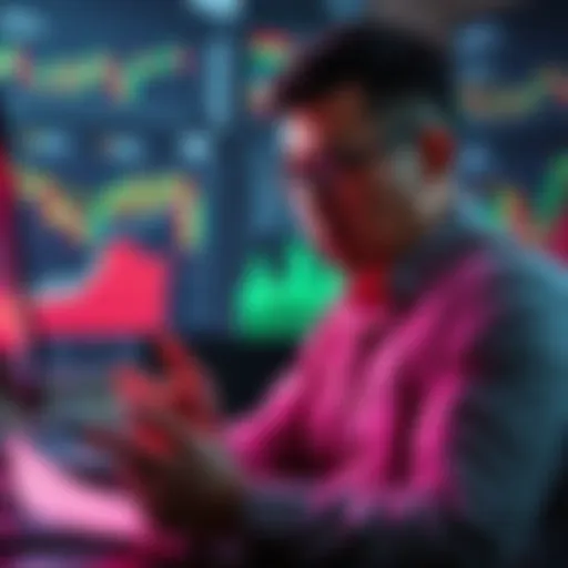 An investor reviews their portfolio strategies, contemplating a switch from aggressive to balanced investing, with financial charts and graphs in the background.