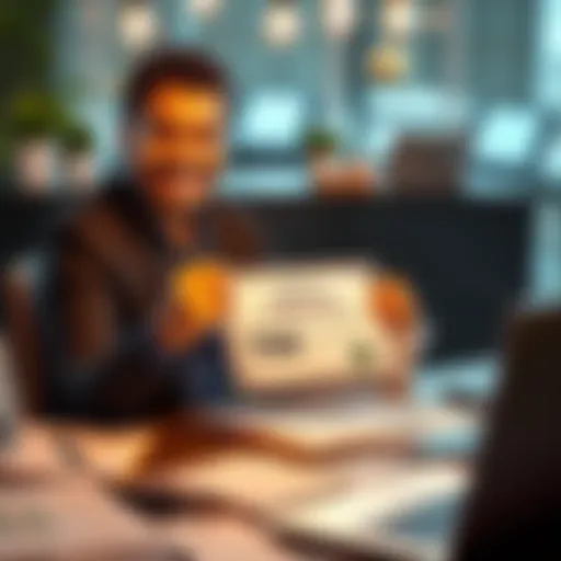 An investor smiles while holding a certificate for the sale of 158 shares, surrounded by financial documents and a laptop, symbolizing their achievement.