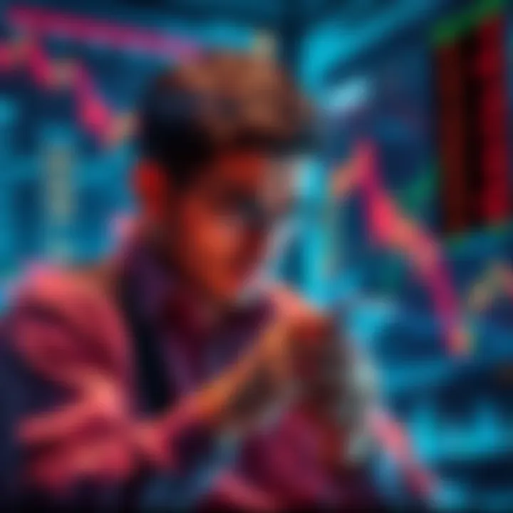 An investor looking frustrated while checking their phone notifications, surrounded by market charts and graphs showing a decline.