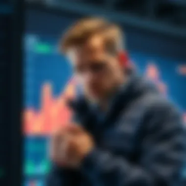 A distressed investor observing a chart showing a significant drop in cryptocurrency values, representing financial loss