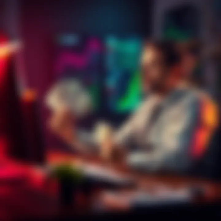 A determined investor sitting at a desk, looking at stock charts and holding cash, symbolizing a strong decision to not sell assets
