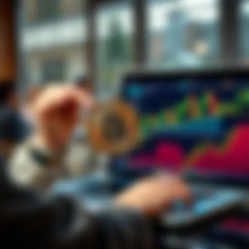 An investor confidently holding a Bitcoin coin while reviewing cryptocurrency market trends on a laptop, symbolizing long-term investment.