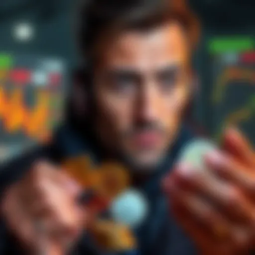 An investor looks thoughtfully at Kaspa cryptocurrency coins while considering market risks