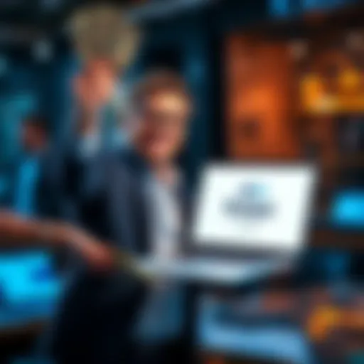 A happy investor holding cash and a laptop with Kaspa logo on the screen, symbolizing a $5,000 investment