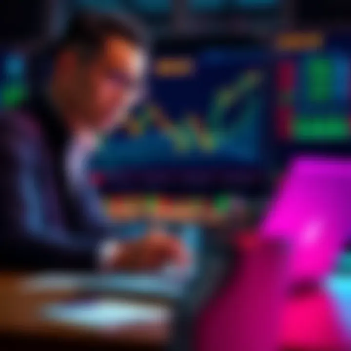 A concerned investor reviewing a financial chart showing losses in AVAX investments, with a laptop and notes in front.
