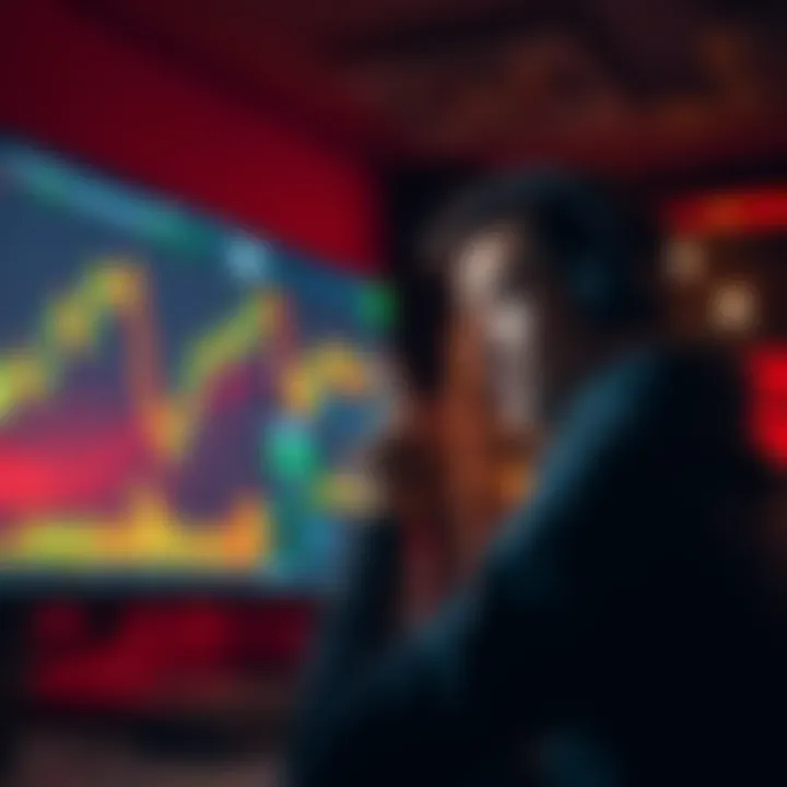 A stressed investor watching Bitcoin prices drop on a computer screen, representing the loss of $5,000 in trading.