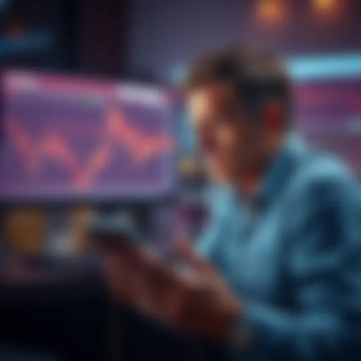 A distressed investor looks at a screen displaying declining cryptocurrency charts, expressing concern over their significant losses with Polygon and contemplating recovery options.