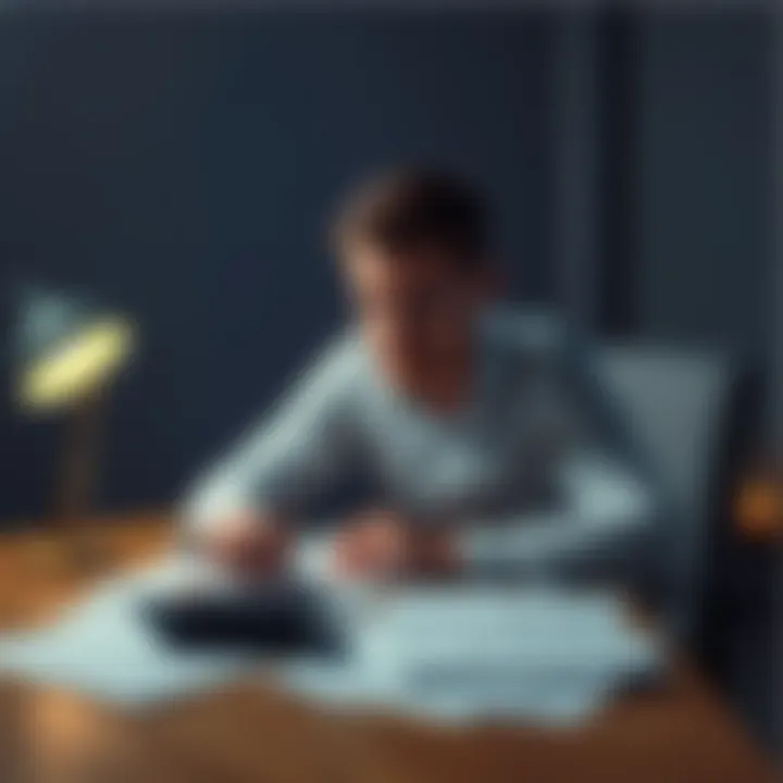 A person sitting at a table with papers and a calculator, looking worried while evaluating their retirement savings, with a dimly lit room emphasizing the struggle.