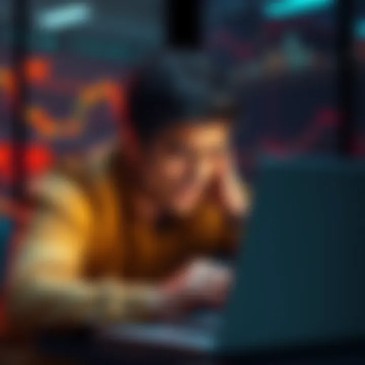 A confused investor looks at a laptop screen showing cryptocurrency trading options for EXOD and EXIT, highlighting the challenges faced in the exchange process.