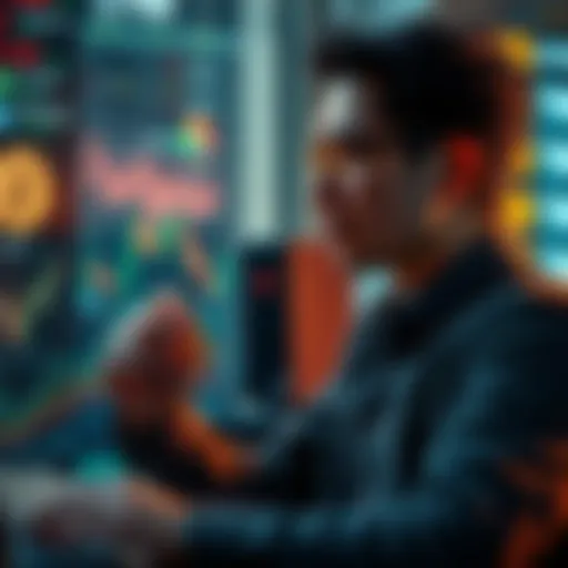A concerned investor looks at cryptocurrency charts and coins, contemplating their investment choices in a modern setting.