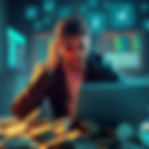 A person looking worried while checking their cryptocurrency portfolio on a laptop, surrounded by coins, symbolizing financial struggles, particularly with Titcoin.