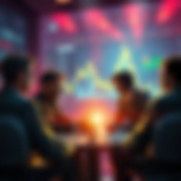 Group of investors discussing strategies for buying dips in the market at key price levels like 104k, 102k, and 92k.