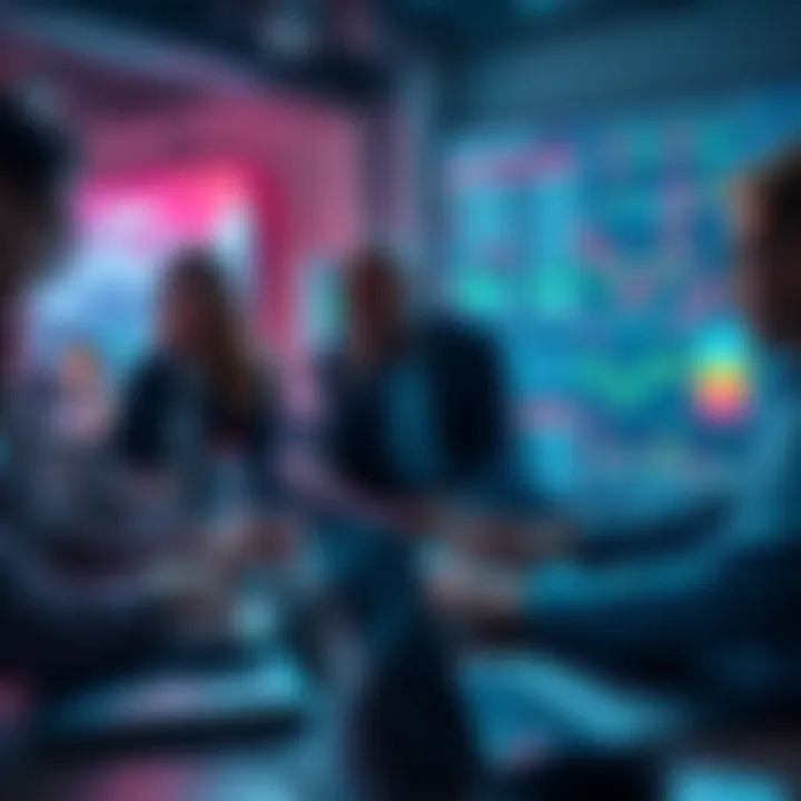 A group of investors analyzing charts and graphs on laptops, discussing expectations for the next bull run, with a focus on potential 10x returns.