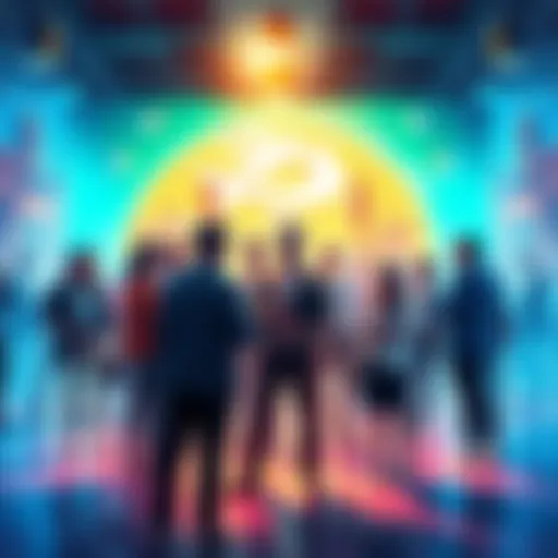 A diverse group of investors discussing cryptocurrency strategies and showing enthusiasm for the upcoming $HODL prophecy.