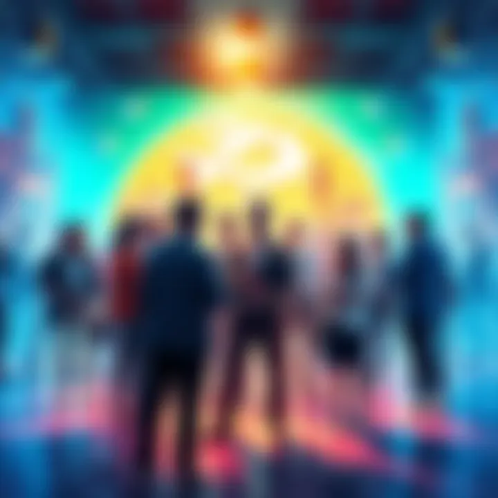 A diverse group of investors discussing cryptocurrency strategies and showing enthusiasm for the upcoming $HODL prophecy.