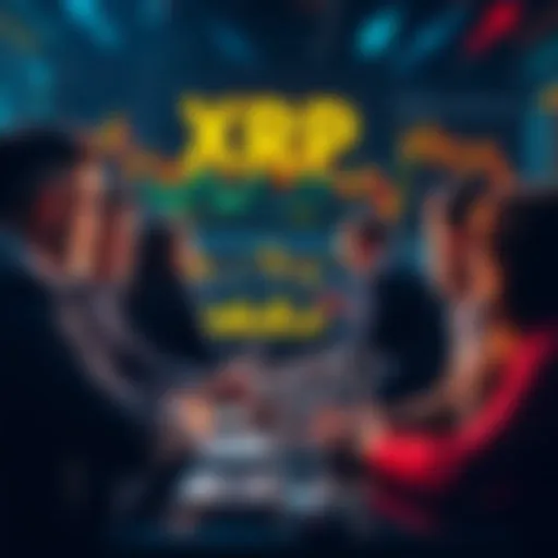 A group of investors discussing potential XRP ETF opportunities with charts and graphs in the background.