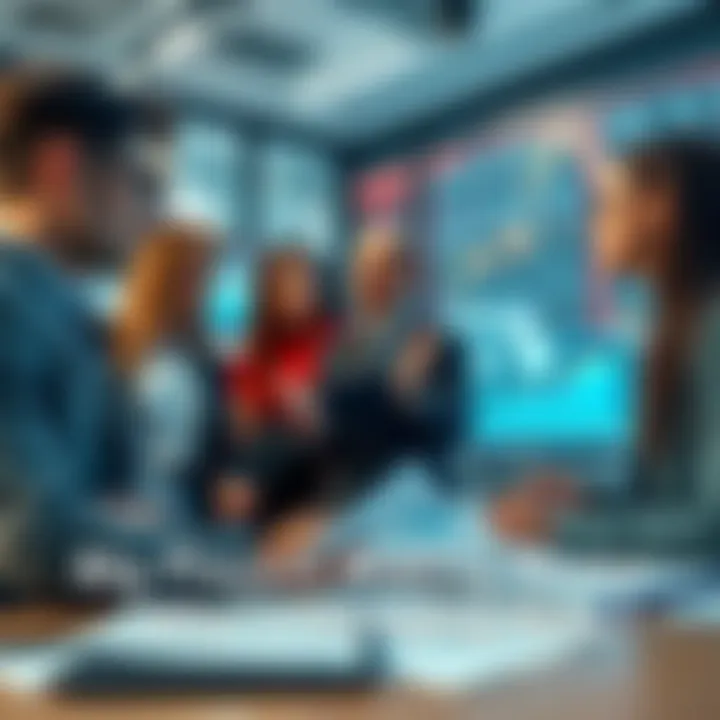 A group of business people reviewing investment charts and discussing strategies in a modern office setting.