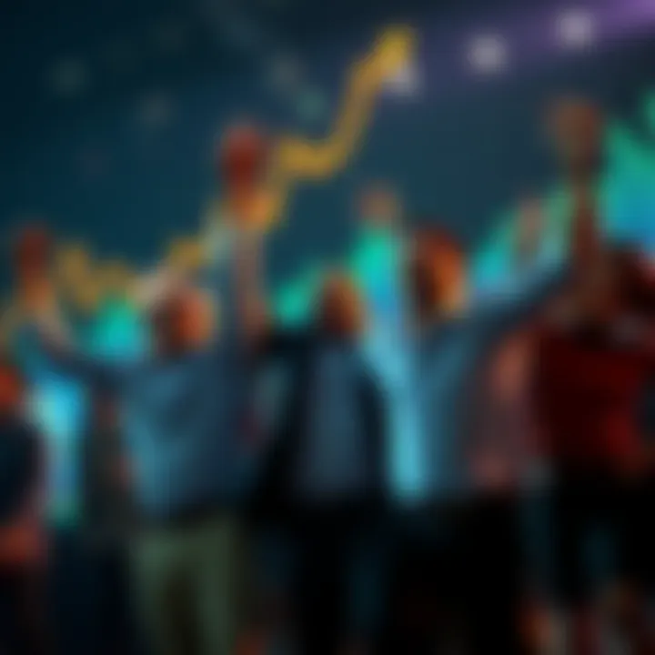 A group of happy investors celebrating significant gains from recent stock market investments, with graphs showing upward trends in the background.