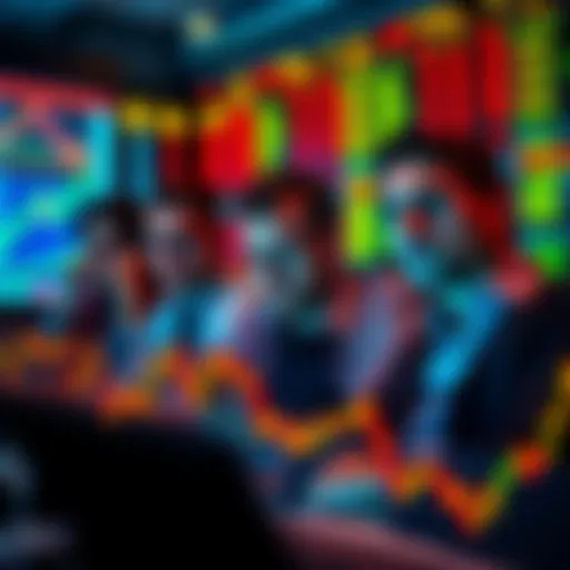 A group of investors watching stock charts with worried expressions as Green Day shows signs of financial decline.