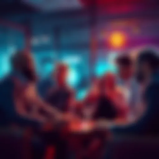 A group of investors sharing their thoughts about cryptocurrency in a casual setting, showing mixed emotions.