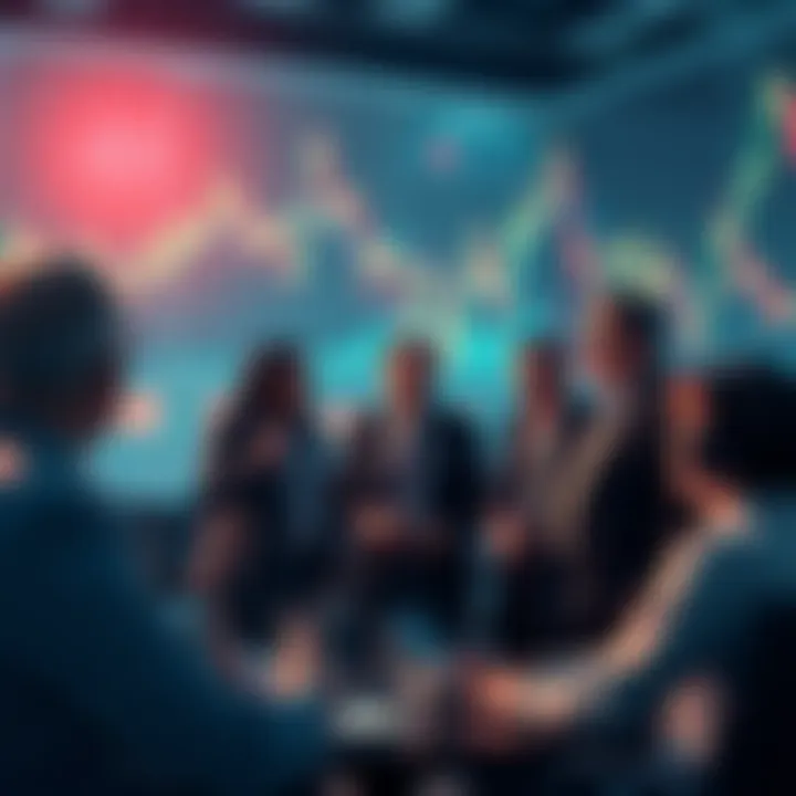 Group of investors sharing strategies on ATOM investment with charts and graphs in the background