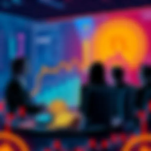 A group of investors analyzing HBAR with charts and graphs depicting its growth, alongside other cryptocurrencies like LINK and ADA.