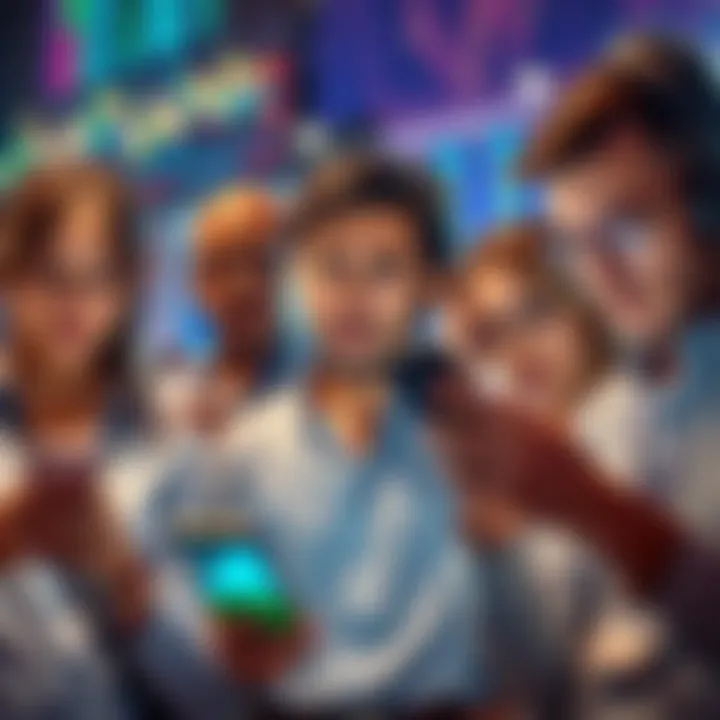 A group of worried investors looking at stock market charts on their phones, expressing concern over panic cash outs.