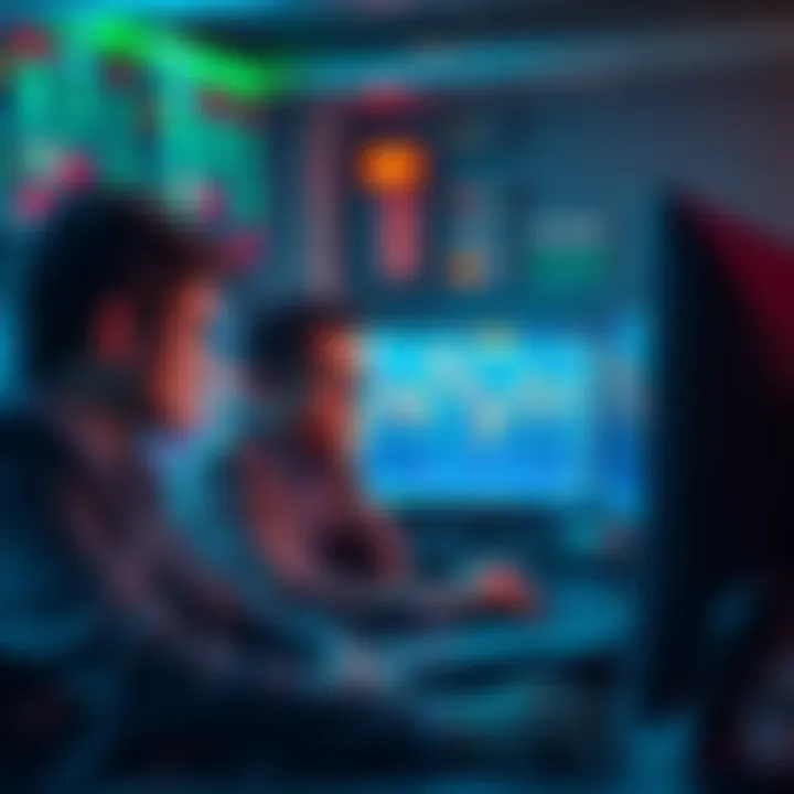 A group of concerned investors analyzing market charts on computers, showing fluctuating prices and worried expressions.