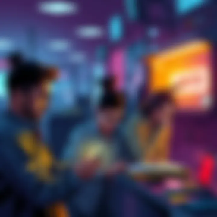 IOT Hotspot Earners Facing Tough Choices A group of frustrated IOT hotspot owners discussing their declining earnings, some looking at mobile devices while others contemplate selling for BTC.