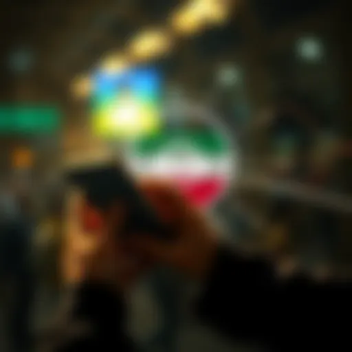 A person using a phone with a broken internet connection symbol overlaid, representing online censorship and propaganda during Iran's internet shutdown.