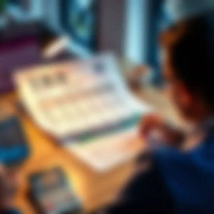 A person reviewing IRS documents and crypto trading history at a desk with a calculator and laptop.