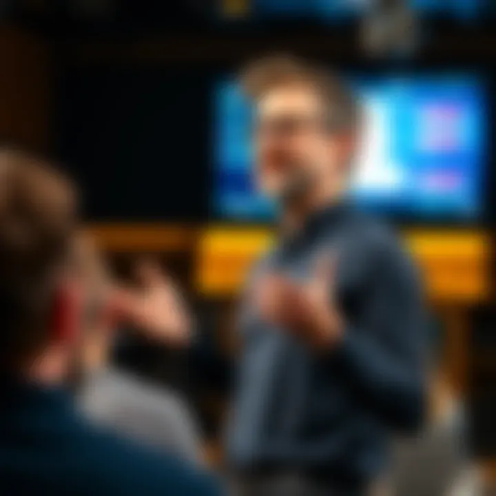 Jack Dorsey stands in front of a screen displaying his new offline chat app while talking to an audience