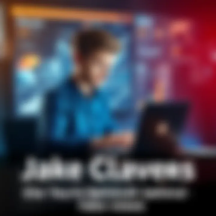 Jake Clavers sitting at a desk with a laptop, looking concerned about fake views, surrounded by statistics and graphs.
