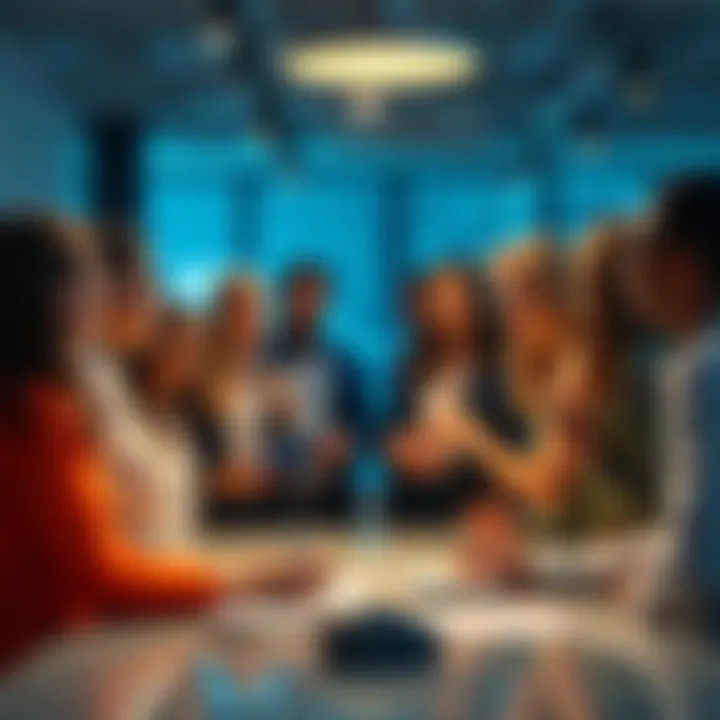 A group of diverse professionals discussing job openings at Pi Network, showcasing teamwork and innovation in a modern office setting.