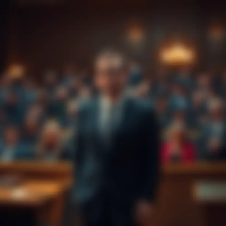 John Karony stands in court after being found guilty, courtroom filled with people, reflecting the seriousness of the verdict.