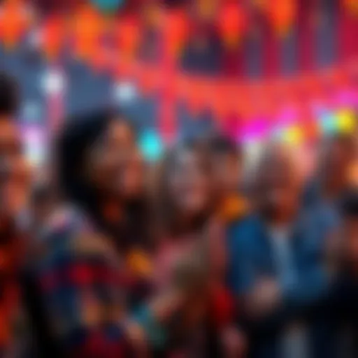 A group of diverse people smiling and enjoying festive activities in a vibrant community setting, showcasing happiness and positivity.