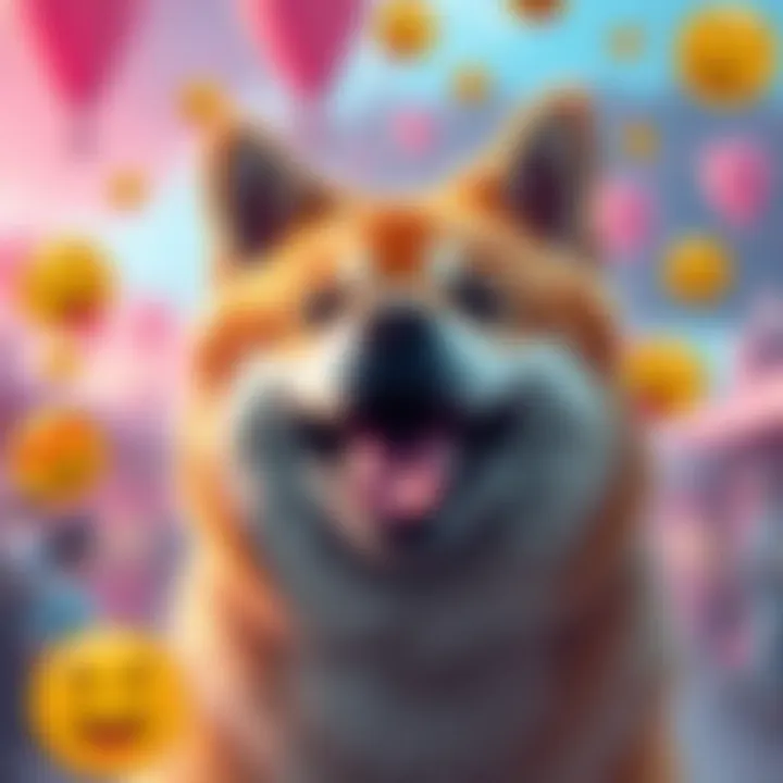 A cheerful Doge meme with vibrant colors, showcasing the playful spirit of early meme culture, surrounded by happy emojis and symbols of fun.