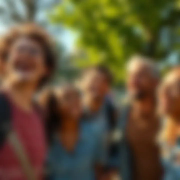 A diverse group of people smiling and laughing together in a sunny park, embracing positivity and good vibes.