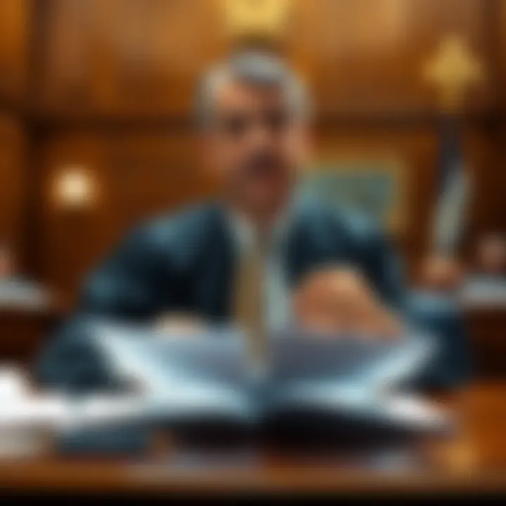 Judge Torres looking at legal documents in a courtroom setting, emphasizing the XRP case delay due to appeals between Ripple and SEC.