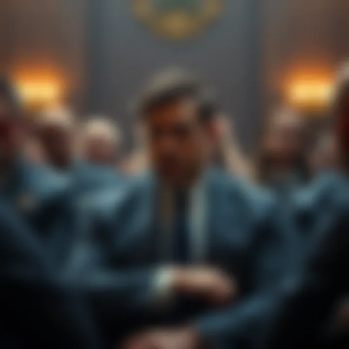 Karony sitting in a courtroom after being found guilty, looking serious as he faces sentencing, surrounded by legal officials and observers.