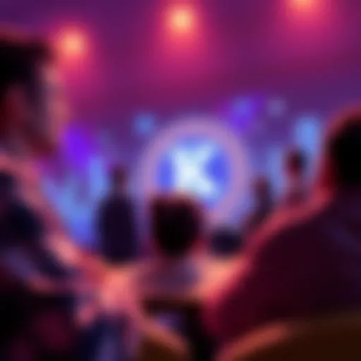 People engaging in a discussion about the decentralization of Kaspa Coin, with a backdrop of a digital currency graphic.