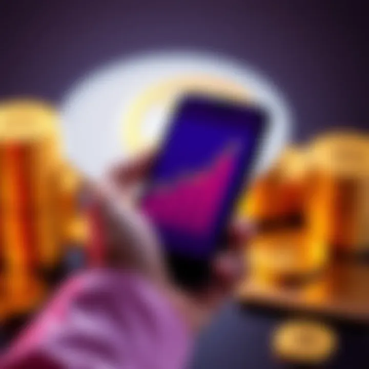 A person holding a smartphone displaying a rising graph, symbolizing patience in crypto investment, with coins in the background.
