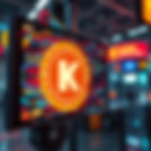 A bright digital display showing the symbol of Kaspa $KAS, emphasizing its fast transaction features in a vibrant crypto market