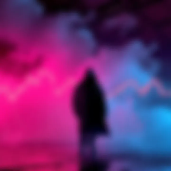 A graph showing a downward trend in Kaspa's popularity alongside a shadowy figure symbolizing uncertainty in the cryptocurrency market.